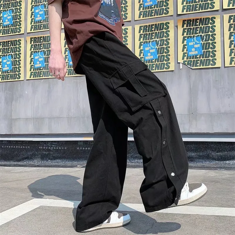 Pantalon Cargo en coton pour hommes, Style Harajuku, droit, décontracté, solide, grandes poches, ample, jambes larges, Design, 220826