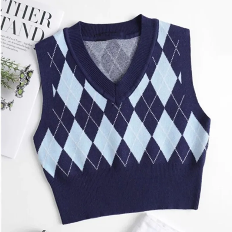 Autumn Women's Casual Sleeveless Plaid Sticked Crop Sweaters Argyle Print Sweater Vest Ladies V Neck Knit Sweater Vest 220719