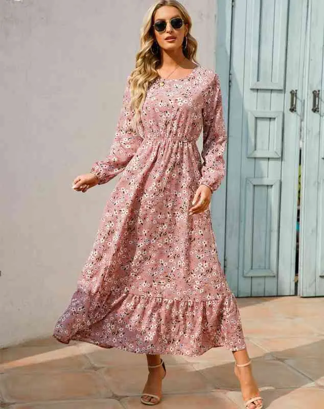 Mulheres maxi vestidos casuais com manga cheia estampada floral o-decora mulher bohe praia Vestido longa vestido de drogas majer vestidos G2205510