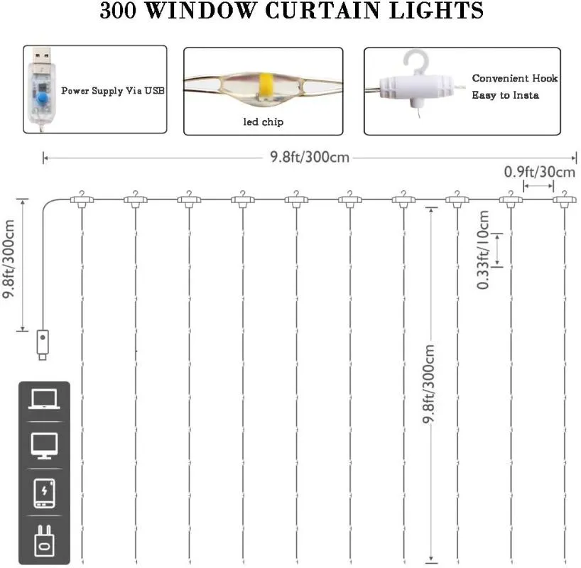 Cordas decoração de natal guirlanda festão led luz navidad fada cortina 300led 8 modos para quarto quarto festa ano decorled303f