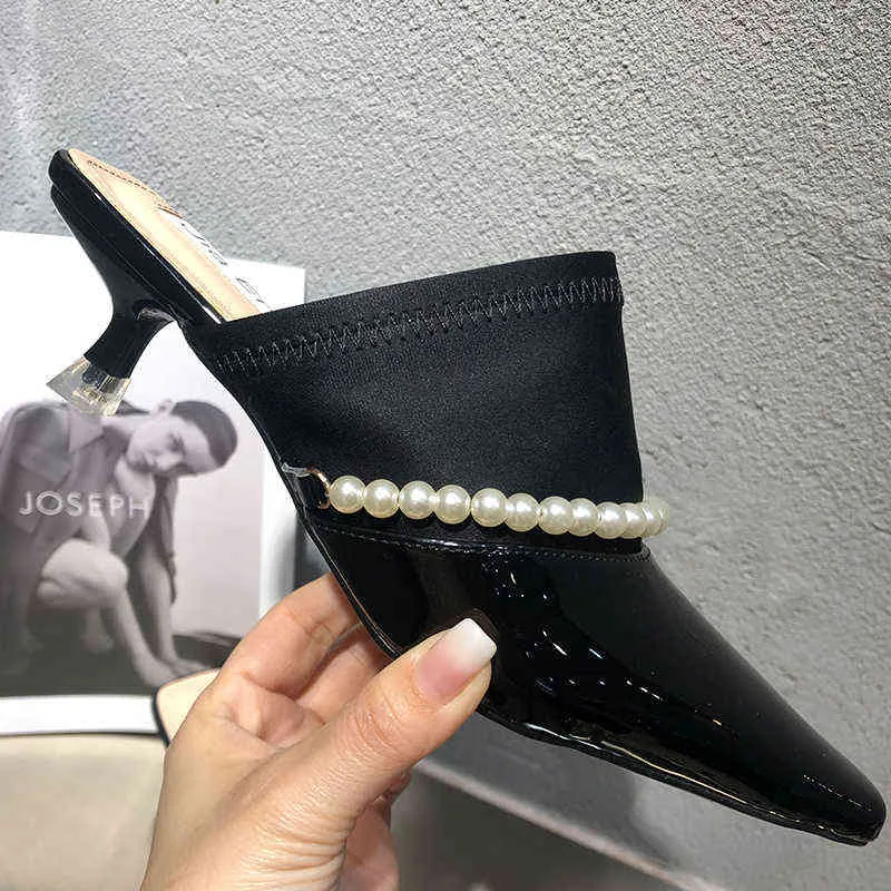Slippers 2022 New Ladies Thin Heels Mules Fashion Pointed Toe String Bead Chain Shoes Female Casual Outdoor Slides Women Pumps 220518