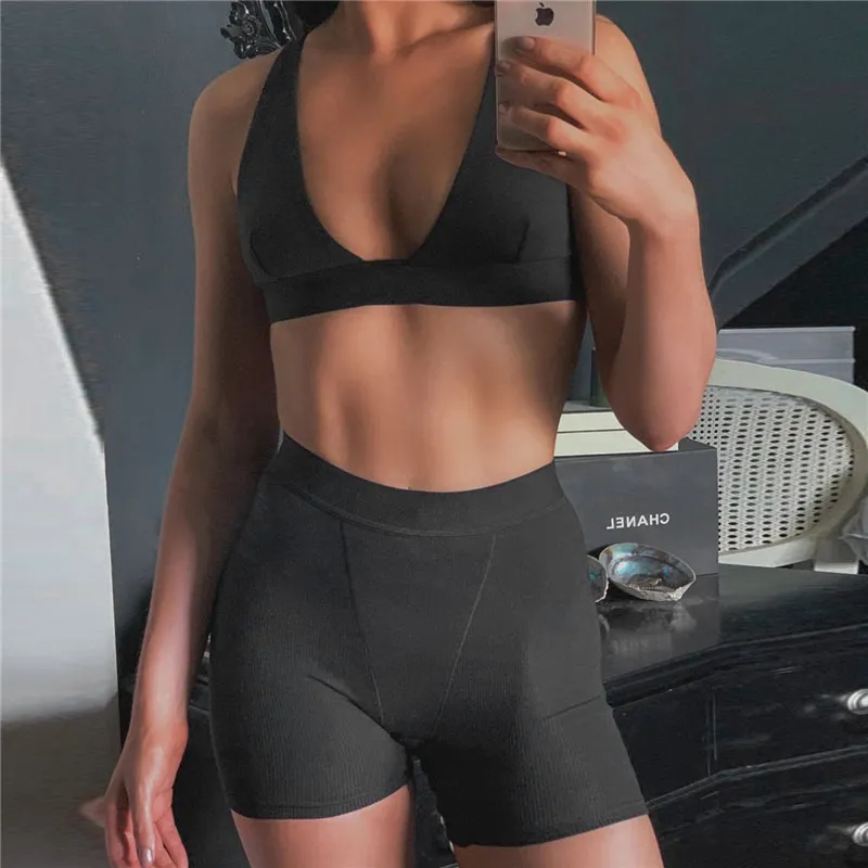 2 Teile/satz Sexy Frauen Ärmellose Strap Bh Bustiers Tank Weste Crop Tops Hohe Taille Shorts Hosen Hosen Trainingsanzug Sommer 220421