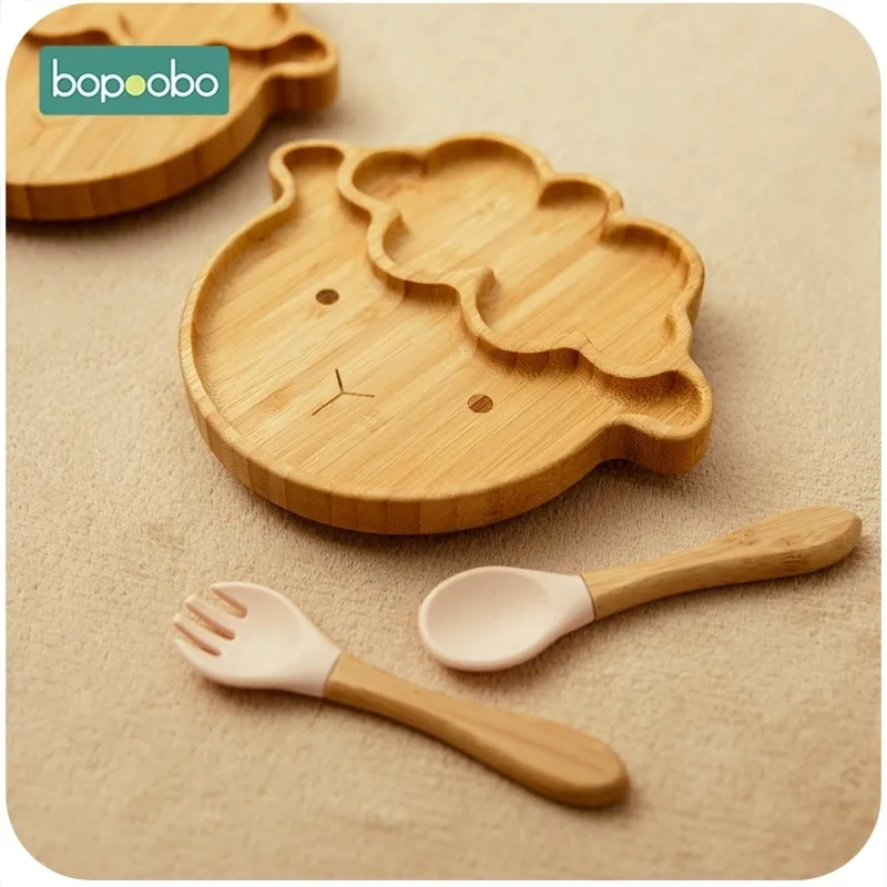 mangkuk makan bayi piring kartun domba bambu alat anak dengan cangkir isap silikon sendok garpu kayu 220611