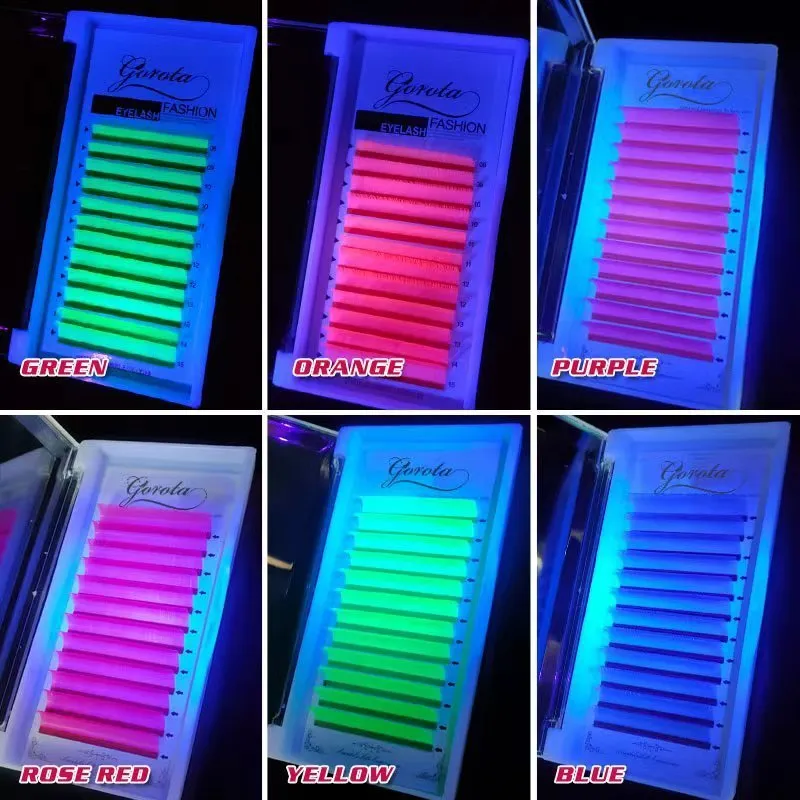 UV Neon Lash Exenions Glöd i de mörka fransarna Fluorescerande grön ljus färgglad bulk Klassisk individuell ögonfransförlängning 220524