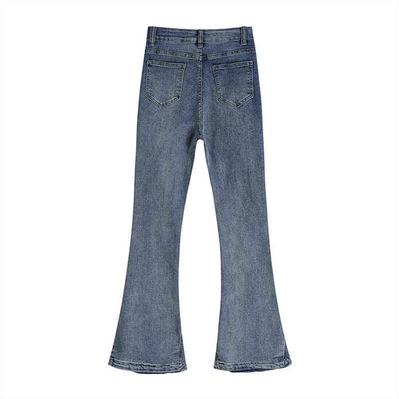 İlkbahar Yaz Yeni Mavi Firared Jeans Kadın Retro Hong Kong Tarzı Yüksek Bel İnce Uygun Streç At Nalı Pantolon Kadın Pantolon T220728