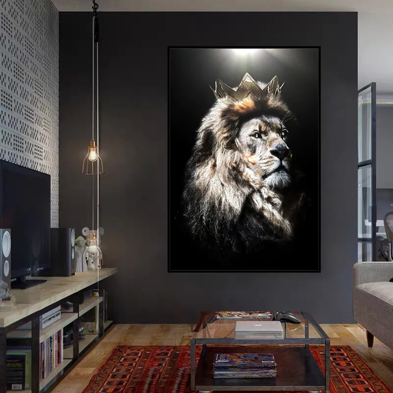 Animal Aslan Head Crown Canvas Resim Posterler ve Yazdırıyor Oturma Odası Dekoru Çerçevesiz