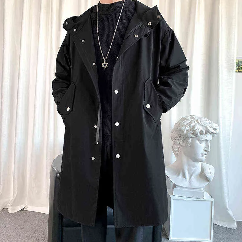 Men Windbreaker Long Trench Oversize Loose Streetwear Hooded Vintage ets High Street Casual Male Outerwear New L220725