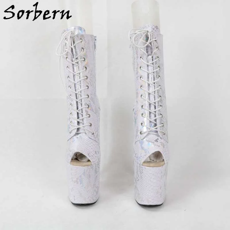 Sorbern Holo White Snake Boots For Women Ankle High Stripper Heels Exotic Pole Dancer Bdsm Fetish High Heel Booties Custom Color