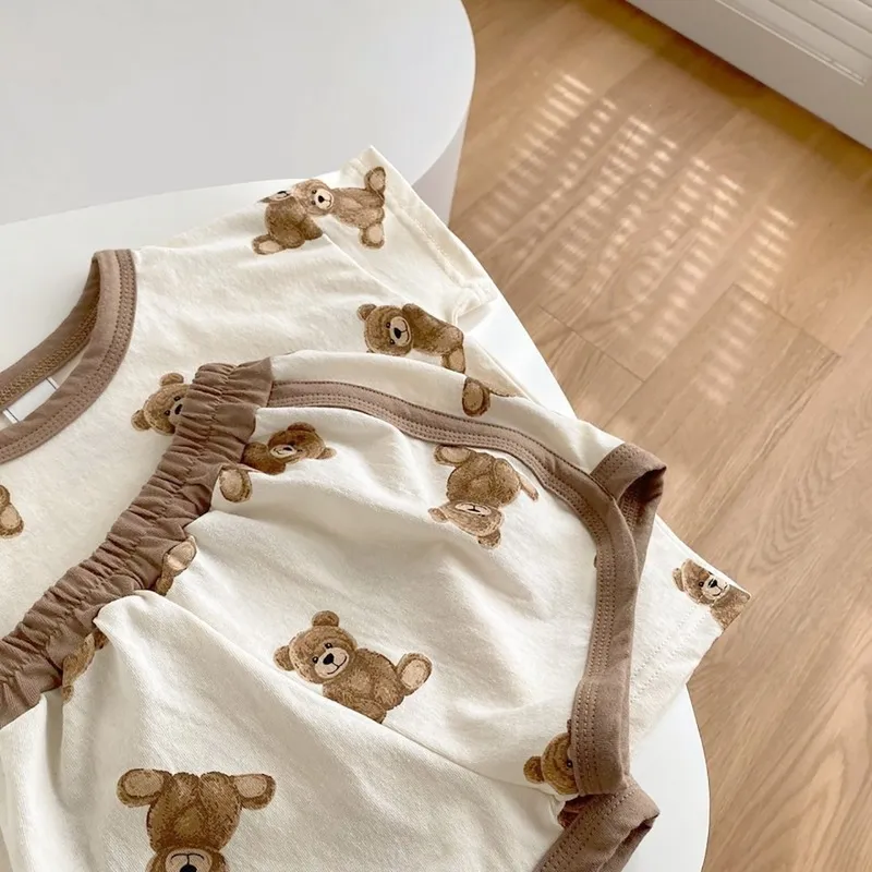 Summer Infant Baby Boy Cartoon Bear Printed Pattern Casual Short Sleeve Tops Toddler Girl Breathable Shorts Set 220608