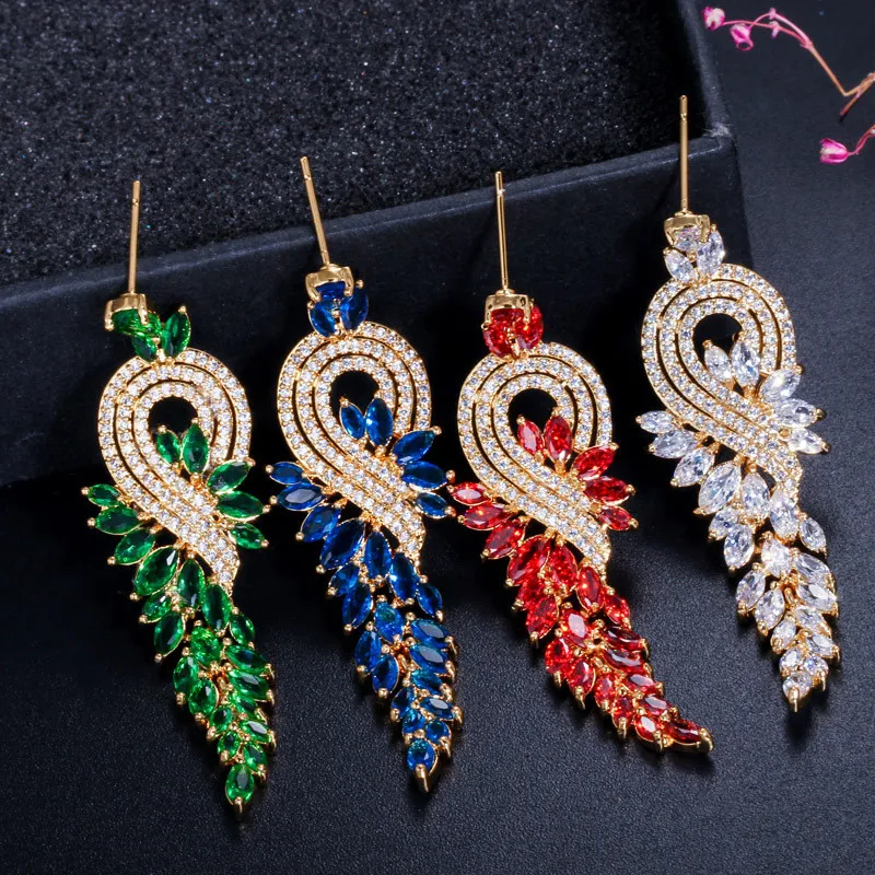 Модные длинные висячие серьги с цирконием, дизайнерские для женской вечеринки, серьги из 18-каратного золота, серебра, красного, синего и белого бриллиантов, Южная Америка198E