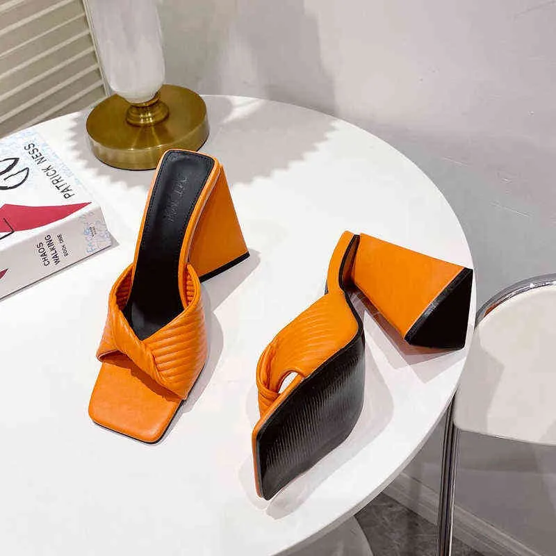 SUOJIALUN 2021 Neue Frauen Slipper Fashion Square High Heel Damen Bogen-knoten Sandale Schuhe Offene spitze Slip Auf Slides flip-Flops 220627