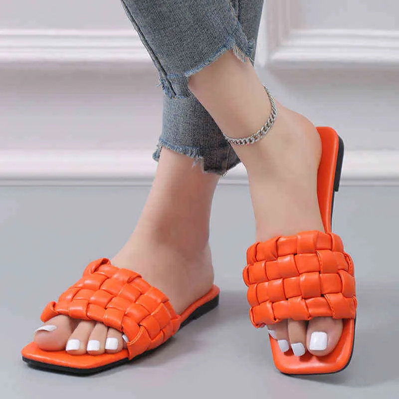 Summer Sandals Women Square Head Woven Flat Slippers 2022 Plus Size Green Home Slippers Outdoor Beach Slides Women G220519