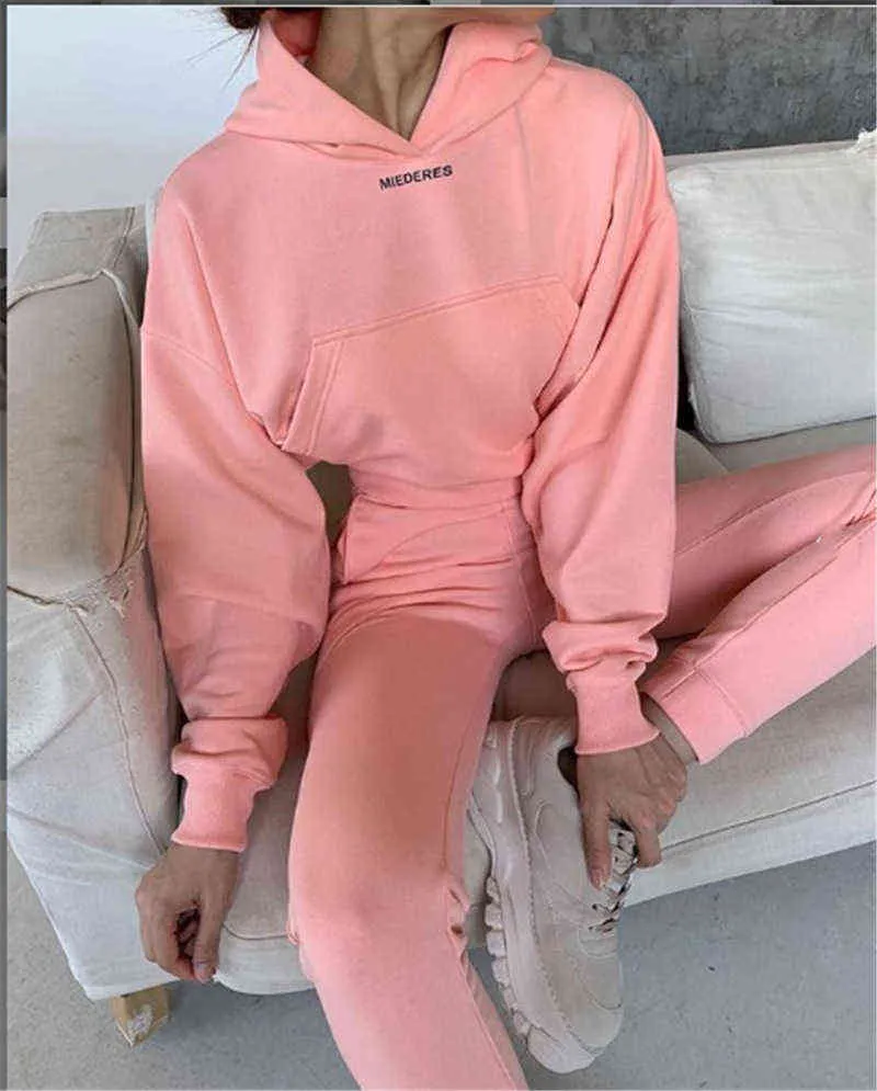 2022 Fleece Tracksuits Women's Crop Top Hoodie and Pants Set Fashion Sportwear Pink Tracksuit Set Causal Suits on For Women Y2k T220729