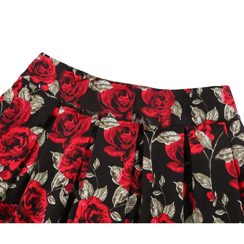 High Waist Floral Rockabilly Pleated Skirts Womens Summer Red Rose Flower Boho Vintage Skirt Midi Plus Size 3XL Clothing 220317