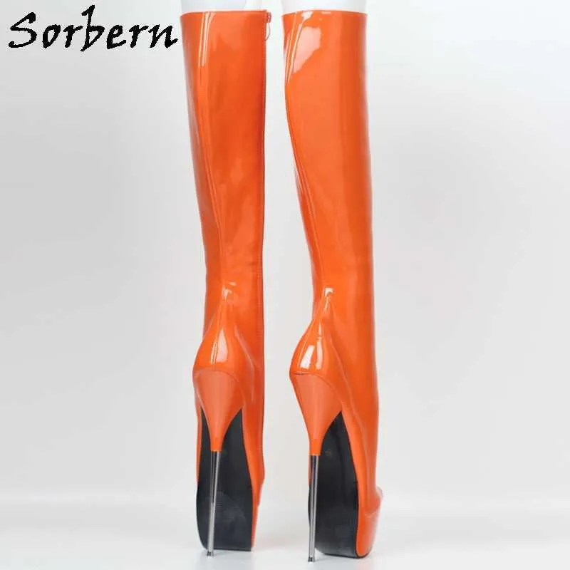 Sorbern Stivali da balletto alti 21 cm Unisex Sissy Arancione Scarpe fetish alte al ginocchio Tacchi in metallo Drag Queen Crossdresser Bdsm Larghezza personalizzata