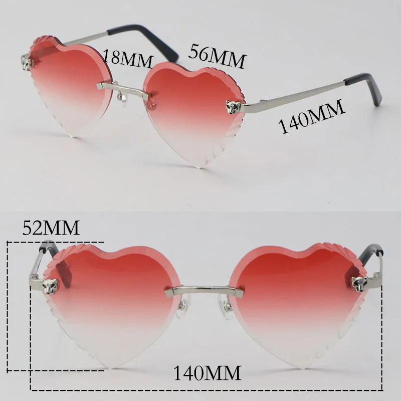 Modelo Modelo Shape Heart Face sem aro Metal Óculos de sol Women Cheetah Series Diamond Cut Lens ao ar livre dirigindo lentes vermelhas de óculos desi155v