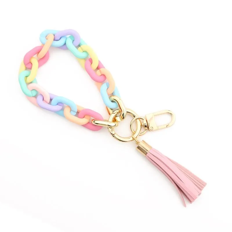 Pop Keychains Key Rings Fashion Jewelry Women Accessories Wristlet Bangle Bracelets Acrylic Link Chain Leather Tassel Phone Charms Bag Pendant Car Keyrings