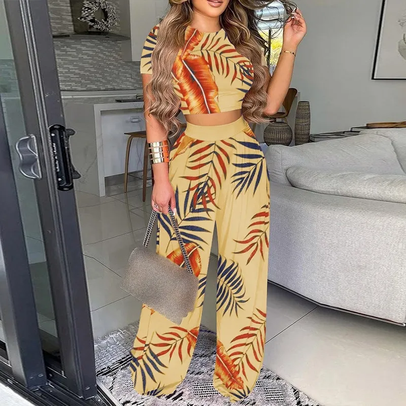 Summer Women Two Piece Set Elegant Print Office Lady Outfits Elegant O Neck Short Sleeve Shirt Pullover Wide Ben Pants Suits 220527