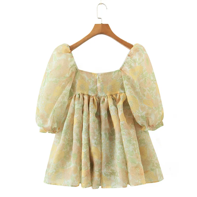 Princess Yellow Floral Print Organza Ball Gown Dress Puff Sleeve Retro Women Swing Short Dresses Fairy Vestidos Party Robe 220511