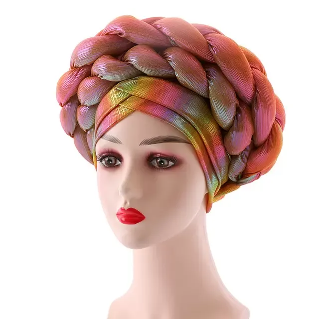 Turban Pre-Tied Headwrap Beanie Skull Caps Women Metallic Braided Head Covering Caps African Headties for Wedding