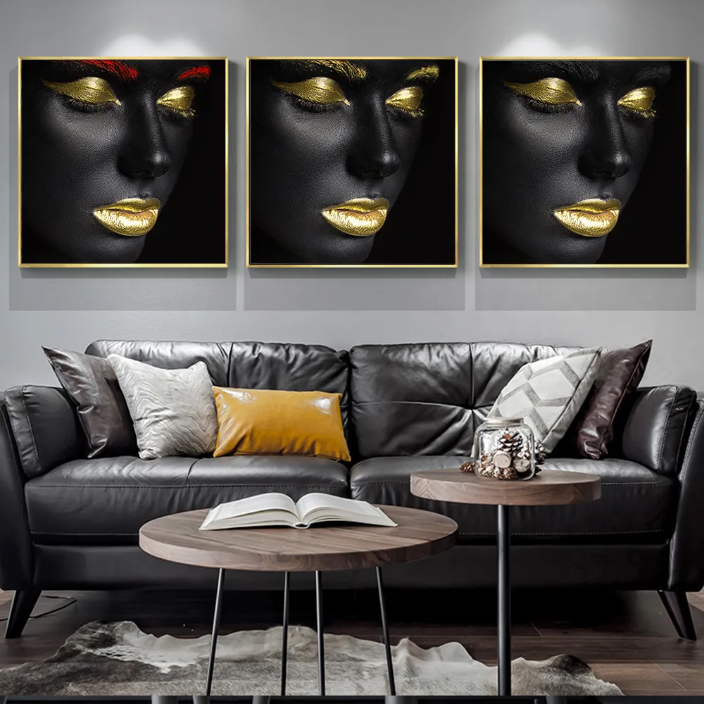 African Art Picture Gold and Black Women Contemplator Portrait Wall Art Canvas Paintings Posters Prints Paintings for Home Decor