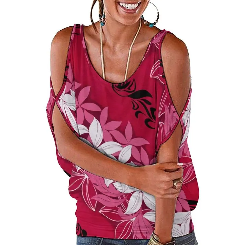 Summer Hawaii Kabile Tasarımı Tam Basılı Kadınlar Tişört Kapalı Omuz Top Polinezya Hollow Out Outp Pembe Üstü Kadın Giyim 220706