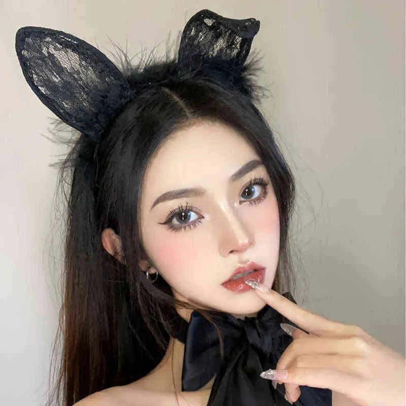 Lace Transparent Eye Mask Rabbit Ears Cat Ear Headband Sexy Cosplay Costumes Props Halloween Masquerade Party L220530