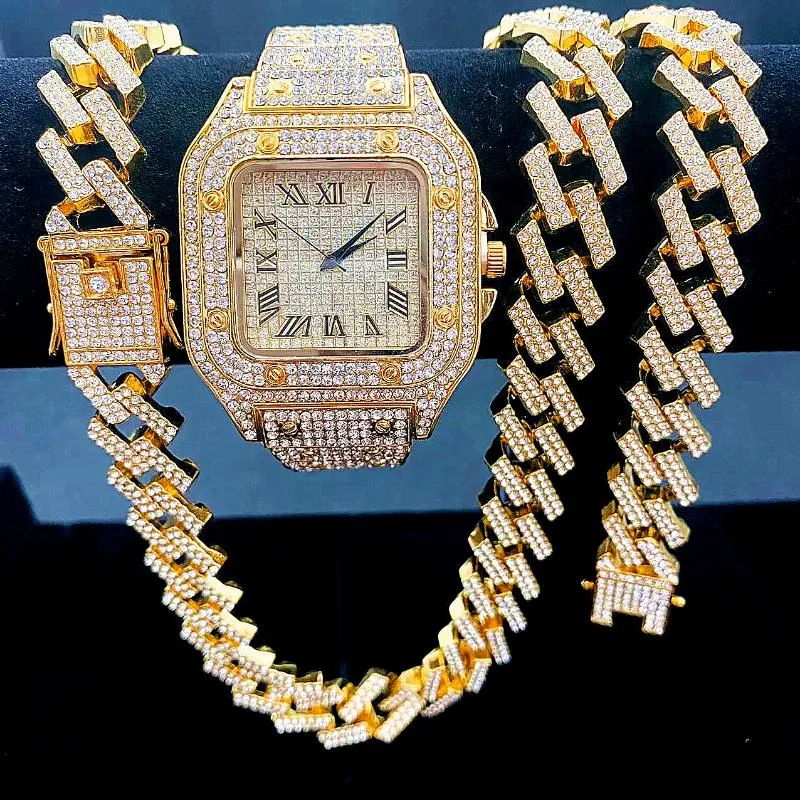 Montres-bracelets montres glacées pour hommes montre en or quartz 15mm chaînes à maillons cubains bracelet colliers diamant bijoux homme reloj254m