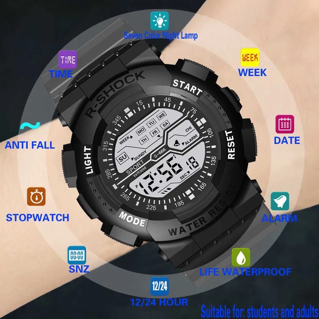 Relógio dos homens Luminous Led Digital Sports Resin Resina 30m À Prova D 'Água Pu Strap WristWatch Relogio Masculino