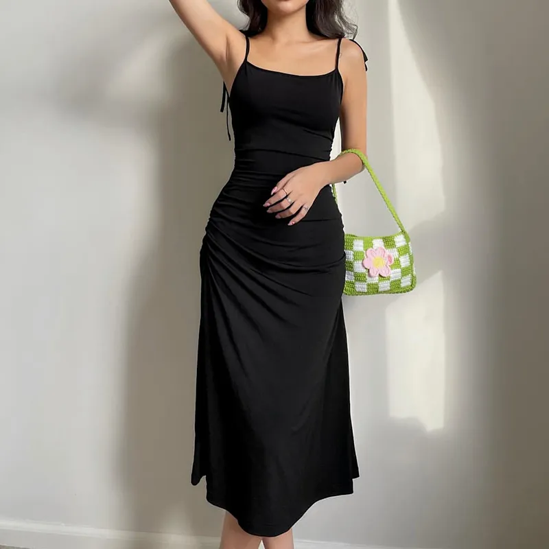 Darlingaga moda com tiras ruched sexy vestido preto irregular elegante sem costas vestido longo festa vestidos de verão roupas femininas cx220331