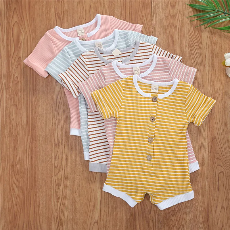 0-24M born Baby Boys Girls Ribbed Knitted Short Sleeve Striped Print Button Jumpsuit Playsuit 220525