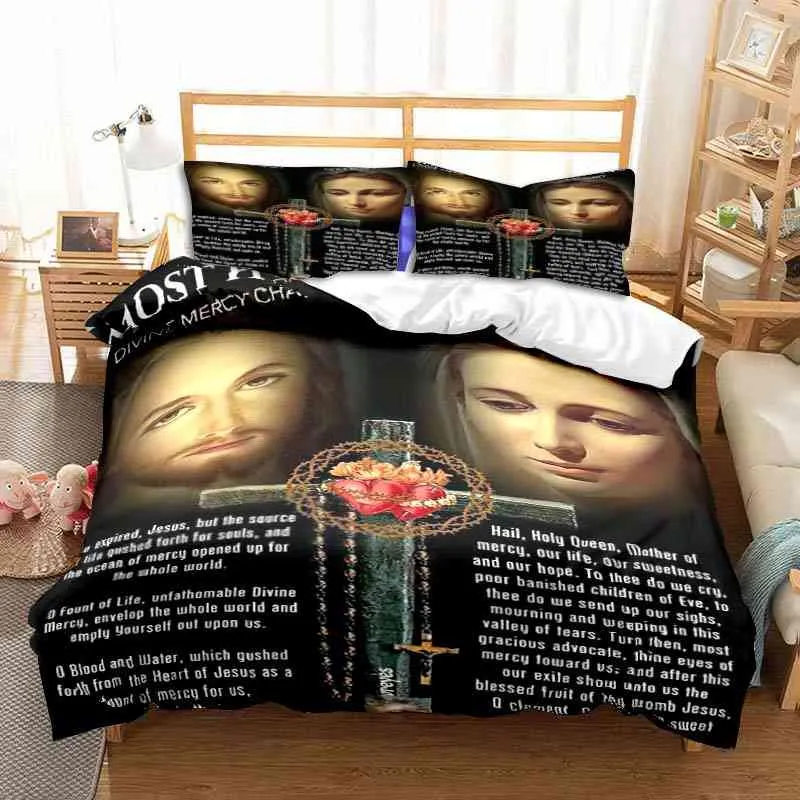 聖母メアリーイエス宗教カバーベッドベッドセットキングサイズサッカーチーム羽毛布団枕カバー100％竹繊維ベッド