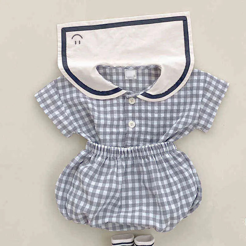 2022 Summer Baby Short Sleeve Clothes Set Infant Boys Girls Cute Plaid Print Navy Collar T Shirt + Shorts Suit Kids Outfits G220509