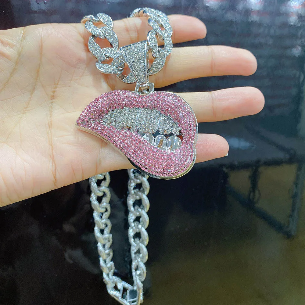 Lèvres cubiques zircone pendentif colliers glacé tennis chaîne cubaine rappeur hommes hip hop bijoux collier bracelets or argent Miami294Q