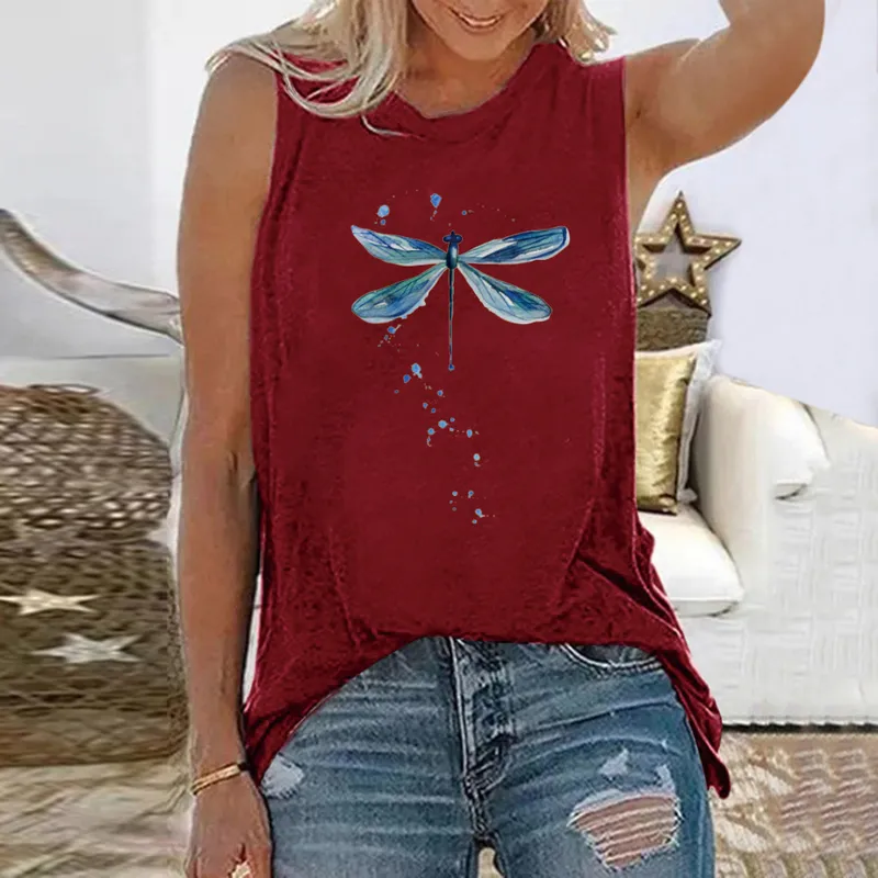 Seeyoushy Fashion Harajuku Shirt Blue Dragonfly Print Found Femmes T-shirt Sans manches Summer Top Femme Oneck Tees 220615