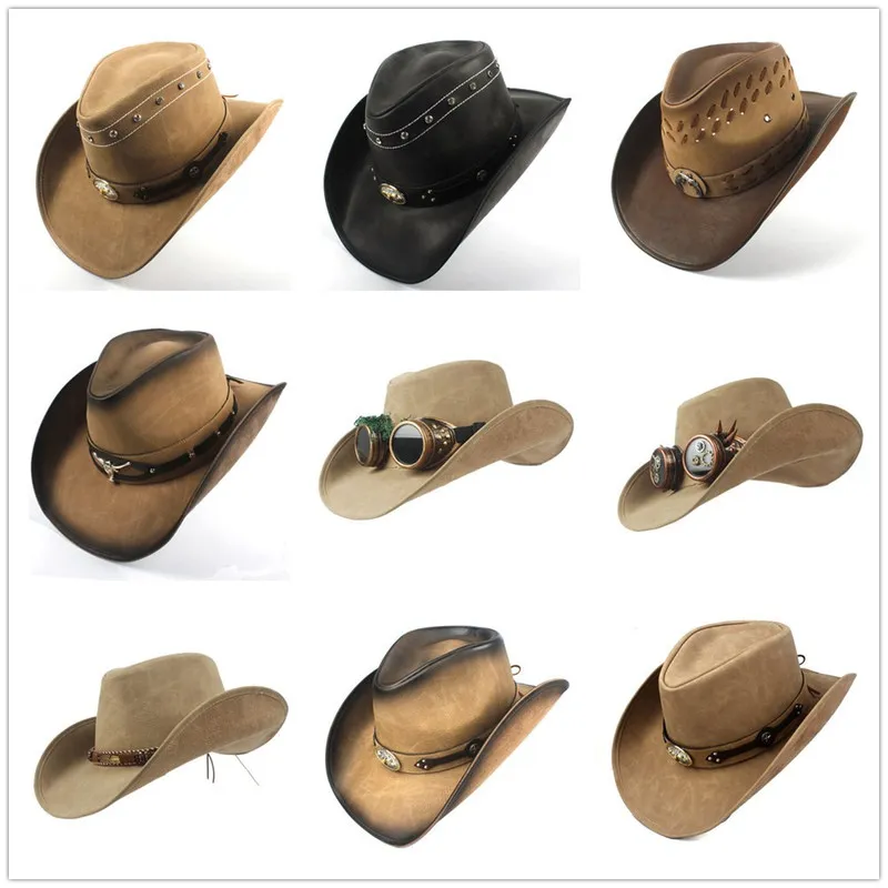 100% skórzanych mężczyzn Western Cowboy Hat dżentelmen tata Fedora Church Sombrero Hombre Jazz Cap Big Size xxl Drop 220813