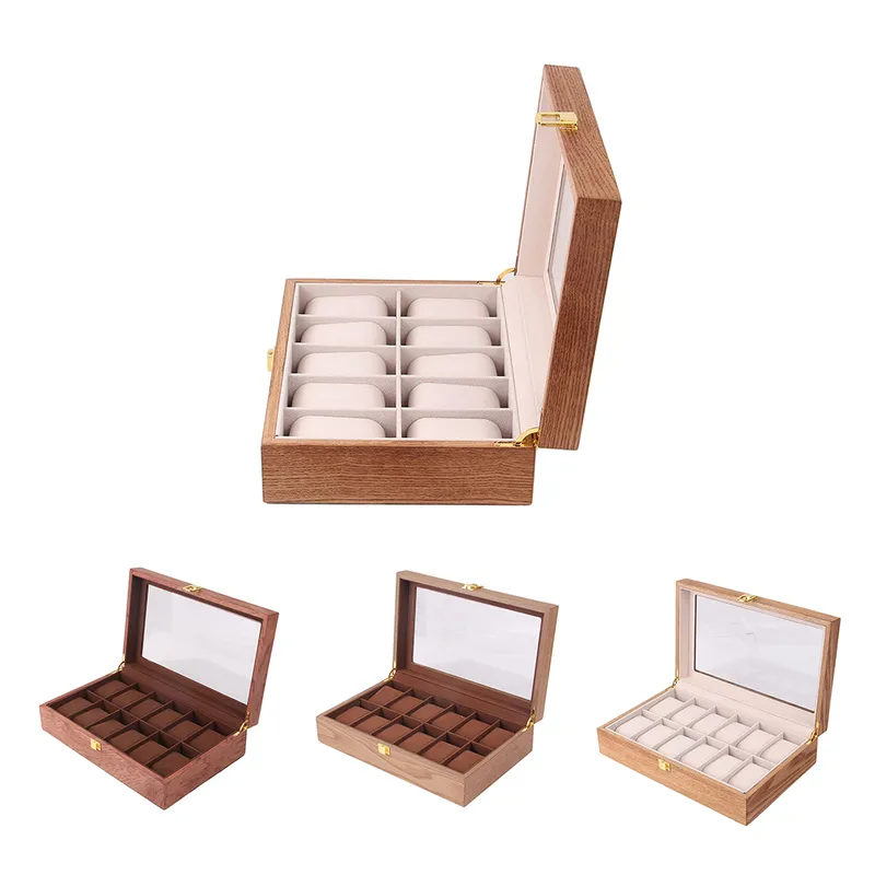6 10 12 Slots Luxury Wooden Watch Box Display Case Jewelry Organizer Glass Top Storage Holder Gift for Men Women 220617