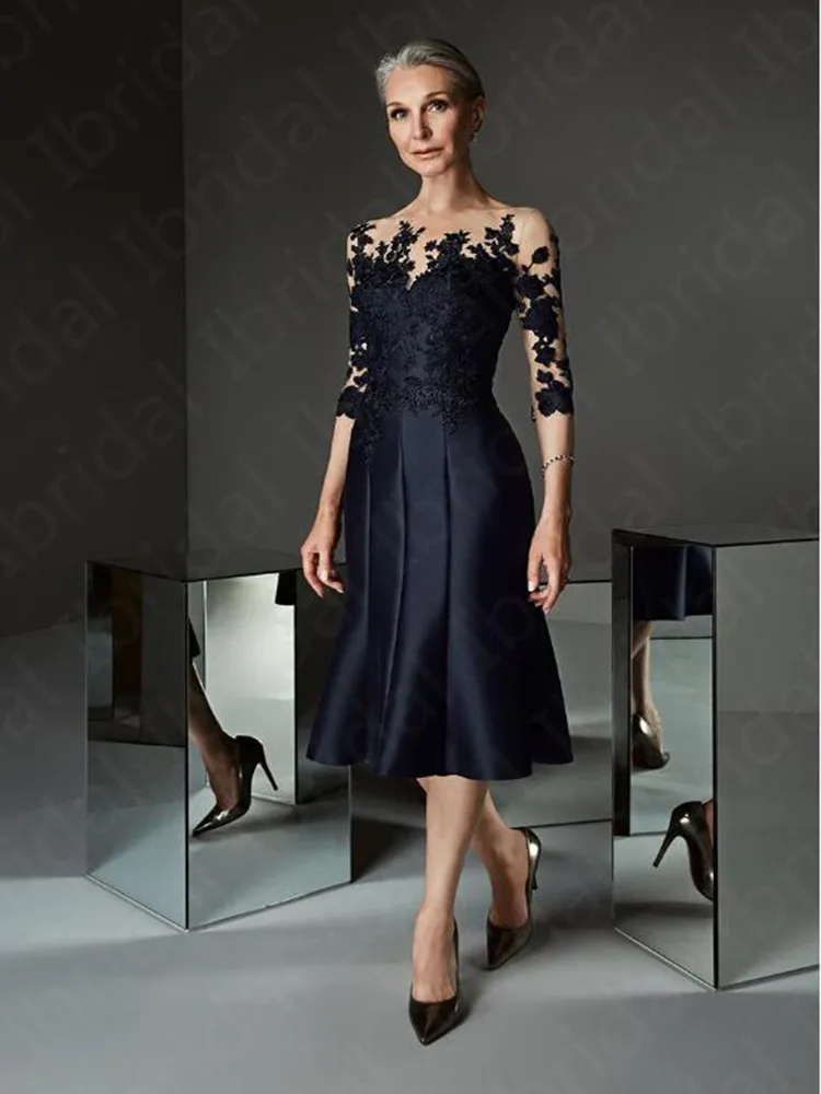 Muhteşem Prusya Mavi Diz Uzunluğu Gelin Elbiselerinin Annesi Üç çeyrek kollu düğün konuk elbisesi 2022