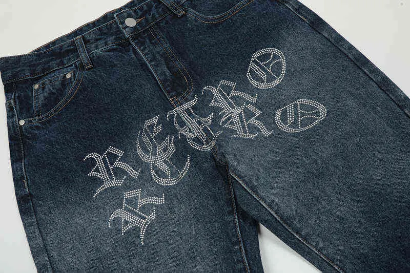 Rhinestone Letter Brodery Gradient Färg tvättade byxor byxor Mens Hot Drill rakt räckt rippat baggy denimbyxor T220803