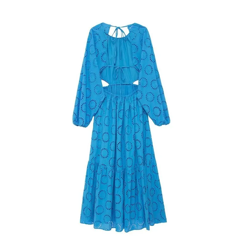 Traf Blue Cutwork Long Dress Women Embroidery Maxi Dress Woman Summer Backless Lemach Dress Long Sleeve Casual Dresses for Women 220811