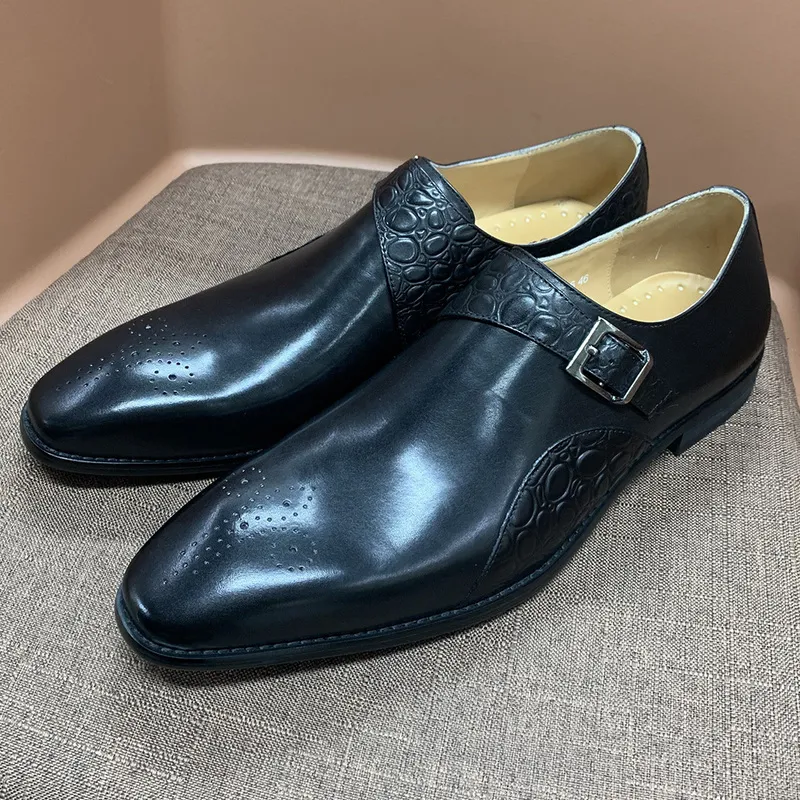 Mode Hommes Monk Strap Robe Chaussures Alligator Imprimer Véritable Cuir De Vache À La Main Bureau De Mariage Formelle Chaussures D'affaires pour Hommes 220321