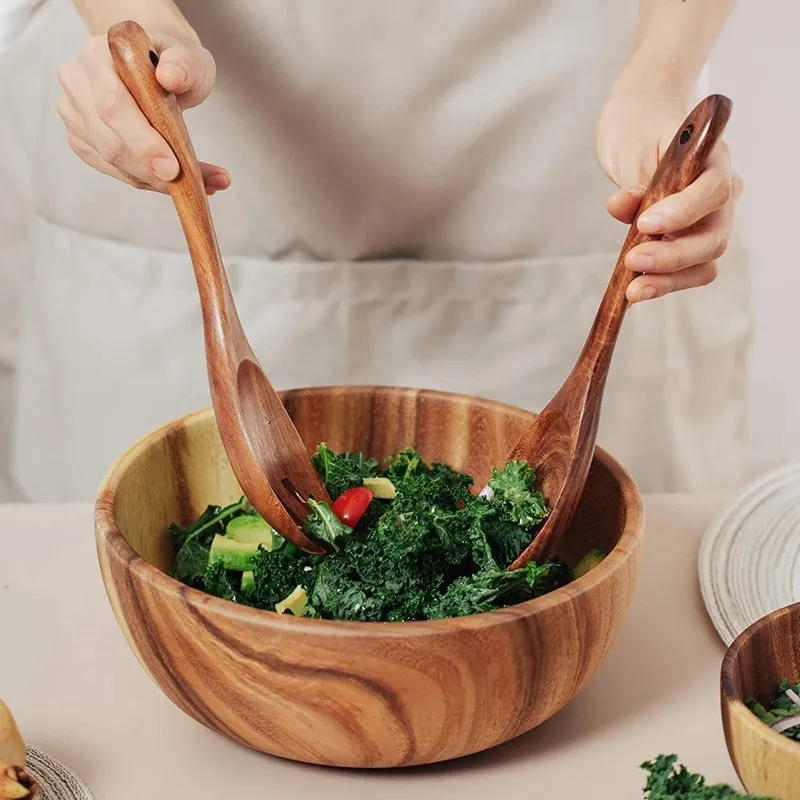 Bol à salade en bois-grande vaisselle 9,4 pouces bol à salade en bois d'acacia avec cuillère peut être utilisé pour les fournitures de cuisine de salade de fruits 220408