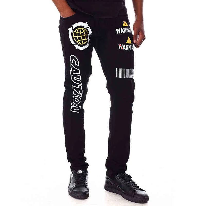 Erkekler Siyah Jogger Pantolon Retro Streetwear Yüksek Kalite Rahat Fit Sıkı Desen Baskılı Ince Yıkanmış Kalem Kot Pantolon G0104