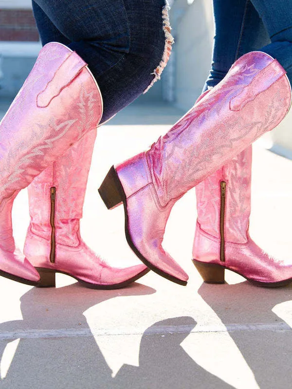 Botas de vaquera rosadas de vaquero para mujer con cremallera bordada punta puntiaguda tacón grueso media pantorrilla botas occidentales zapatos brillantes 220808