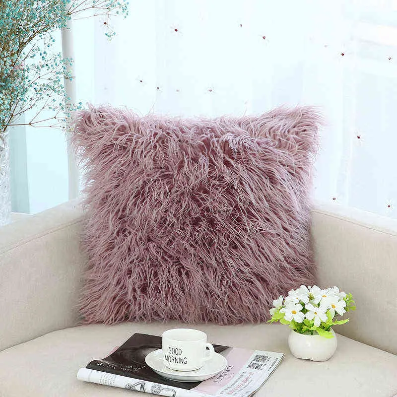 Cushion Cover Plush Fabric Solid Color Serging Square 45 45 Faux Fur Throw Case Sofa Home Decorative L220608