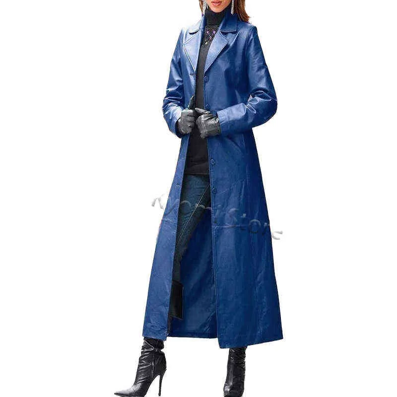 Jacka Long Women's Clothing Streetwear Solid Color Steampunk Gothic Lapel Biker Jacket S-5XL Woman Faux Leather Trench Coat L220801