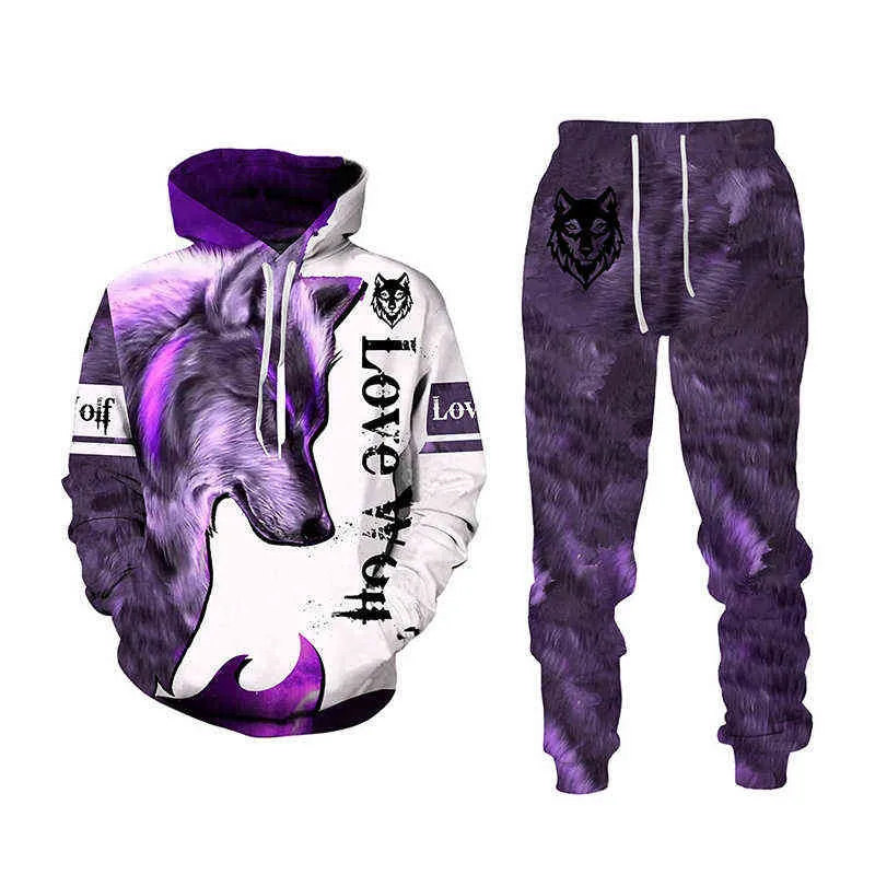 Autumn Winter Tiger Lion Wolf 3D Animal Gedrukte herenkap sweater Set mannelijke sportkleding tracksuit lange mouw mannen kledingpak G1217