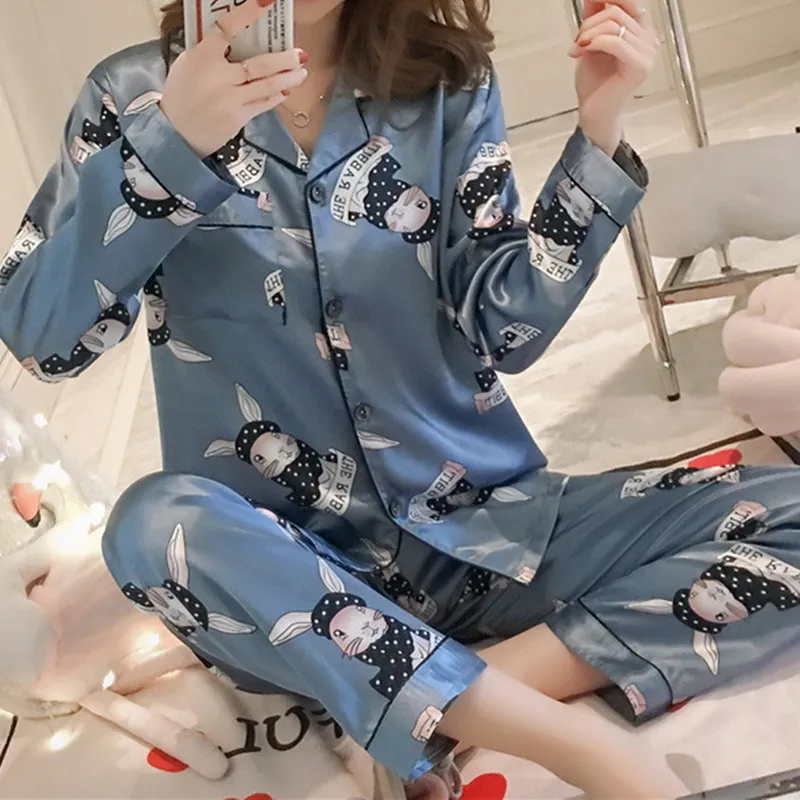 Satin Silk Pajamas Set for Women's Pyjama Suit Printing Long Sleeve Casual Sleepwear Nightwear Soft Home Clothes Pjs Plus Size 220329