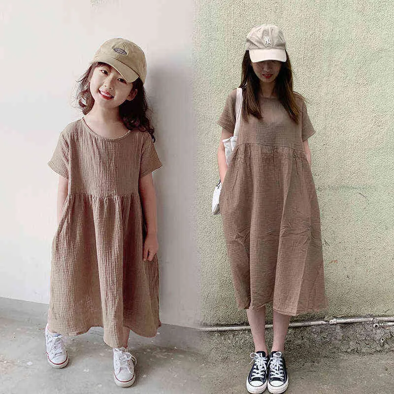 Sommer Kinder tragen japanische Mädchen Kleid Eltern-Kind tragen solide Baumwolle Leinen Kurzarm lange Frauen Kleid Mama und mich Kleidung