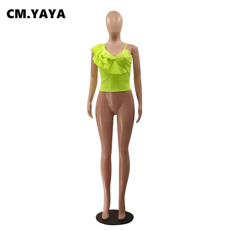 CM.Yaya Kvinnor Camis Solid Ruffles Spaghetti Strap V-Neck Topps Sexig Nattklubb Klädsel Sommar Fashion Top Tees Kvinna 220325